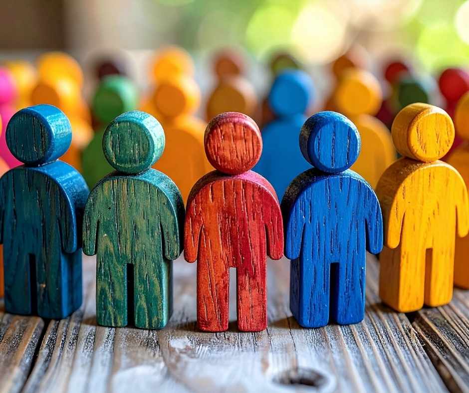 Bunte Figuren in einem Kreis symbolisieren Verbundenheit in Gemeinschaft in Matriarchaten