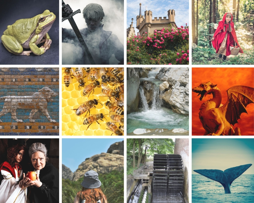 Symbole von 12 Märchen: Frosch, Mann mit Schwert, Dornröschenschloss, Rotkäppchen im Wald, Ischtar-Tor, Bienenkönigin, Quelle, Lindwurm, Schneewittchen mit ihrer Mutter und einem Apfel, eine Frau wandert, Mühlrad, Wal