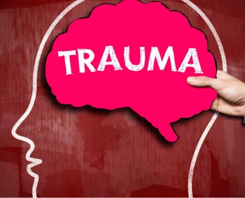 Ein Kopf. Im Gehirn steht das Wort "Trauma"